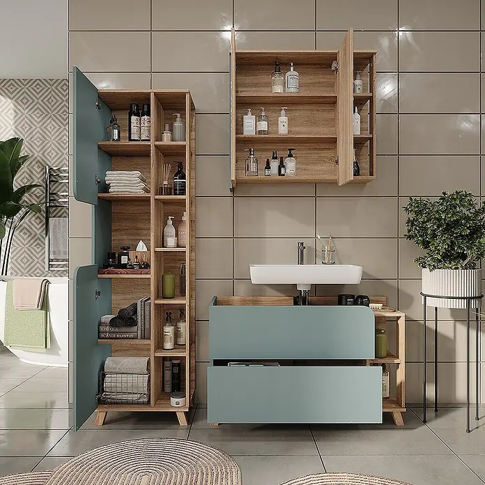 Vicco Badmöbel-Set Karen Sonoma/Blau 3 Teile - Sonoma, Matt - Moderne Badmöbelgarnitur mit hellen Holzrahmen und sanftgrünen Türen/Schubladen: Hochschrank, Wandschrank und Waschtisch.