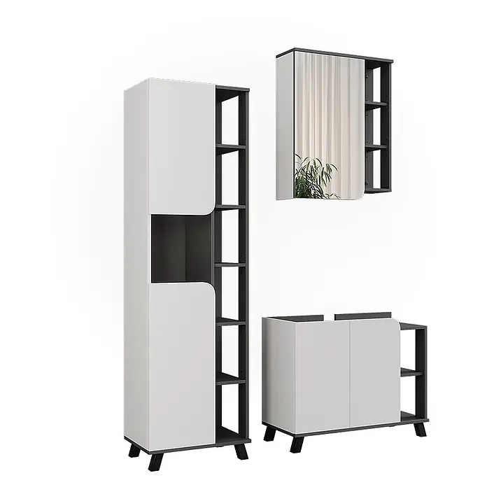 Vicco Badmöbel-Set Karen Anthrazit/Weiß 3 Teile - Anthrazit, Matt - Modernes grau-weißes Möbelset mit Schränken und offenen Regalen, inklusive Spiegelschrank.