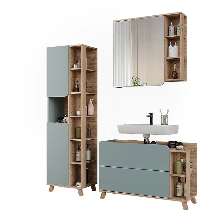 Vicco Badmöbel-Set Karen Sonoma/Blau 3 Teile - Sonoma, Matt - Modernes Badmöbelset aus hellem Holz und hellblauen/grünen Paneelen, mit Hochschrank, Waschtisch mit Waschbecken und Spiegelschrank mit offenen Regalen.