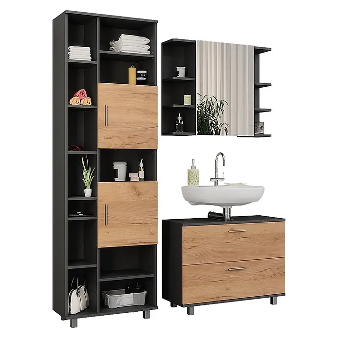 Vicco Badmöbel-Set Ilias Goldkraft Eiche/Anthrazit 3 Teile, mit Hochschrank - Goldkraft Eiche, Matt - Modernes Badmöbel-Set in Dunkelgrau und heller Holzoptik, mit Hochschrank, Spiegelschrank und Waschtischunterschrank.