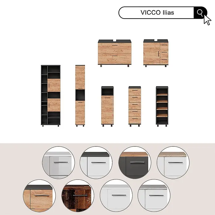 Vicco Badmöbel-Set Ilias Goldkraft Eiche/Anthrazit 4 Teile - Goldkraft Eiche, Matt - Modulares Möbelset: dunkelgraue und helle Holzschränke, Regale. Zeigt Farbvarianten für Fronten und Platten.