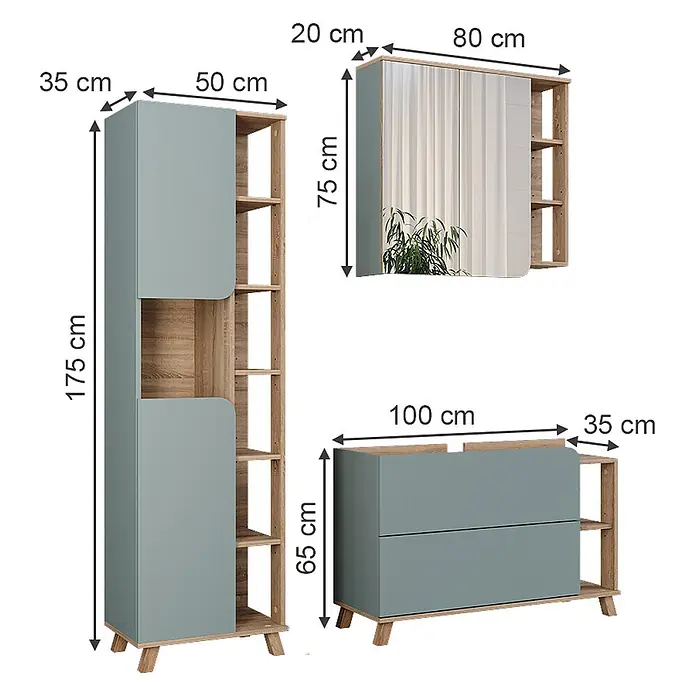 Vicco Badmöbel-Set Karen Sonoma/Blau 3 Teile - Sonoma, Matt - Set aus drei modulären Möbelstücken: ein hoher Schrank, ein Spiegelschrank und eine Kommode mit zwei Schubladen, alle in hellem Holz und Türkis.