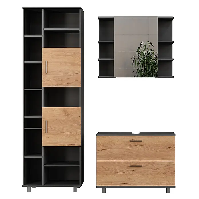 Vicco Badmöbel-Set Ilias Goldkraft Eiche/Anthrazit 3 Teile, mit Hochschrank - Goldkraft Eiche, Matt - Modernes Möbelset in Dunkelgrau und hellem Holz mit hohem Bücherregal, Spiegelschrank und Kommode.