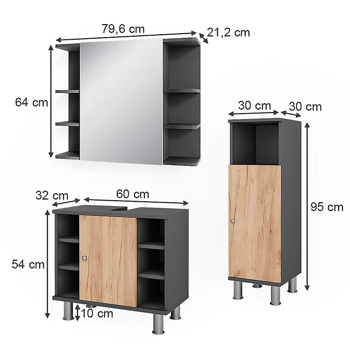 Vicco Badmöbel-Set Fynn Anthrazit/Goldkraft Eiche 3 Teile mit Midischrank - Anthrazit, Matt - Dunkelgraues und holzfarbenes Badezimmermöbel-Set: Spiegelschrank (79,6x64x21,2 cm), Waschtischunterschrank (60x32x54 cm) und Hochschrank (30x30x95 cm).
