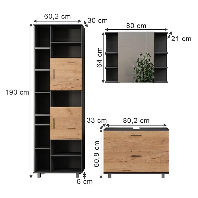 Vicco Badmöbel-Set Ilias Goldkraft Eiche/Anthrazit 3 Teile, mit Hochschrank - Goldkraft Eiche, Matt - Dunkelgraues Möbelset mit Holzdekorfronten: ein hohes Bücherregal, ein Wandregal mit Spiegel und eine Kommode mit zwei Schubladen.