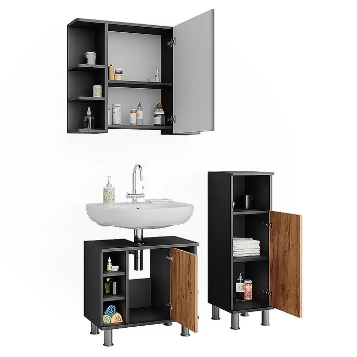 Vicco Badmöbel-Set Fynn Anthrazit/Goldkraft Eiche 3 Teile mit Midischrank - Anthrazit, Matt - Dunkelgraues Badmöbel-Set mit Türen in Holzoptik, bestehend aus Wandschrank, Waschbeckenunterschrank und Hochschrank für Badorganisation.