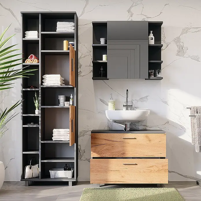 Vicco Badmöbel-Set Ilias Goldkraft Eiche/Anthrazit 3 Teile, mit Hochschrank - Goldkraft Eiche, Matt - Badezimmermöbelset mit hohem dunkelgrauem Schrank, hellhölzernem Waschtisch mit Waschbecken und passendem Spiegelschrank.