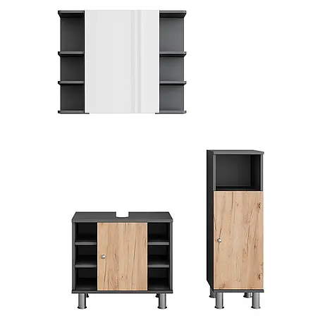 Vicco  Badmöbel-Set Fynn Anthrazit/Goldkraft Eiche 3 Teile mit Midischrank