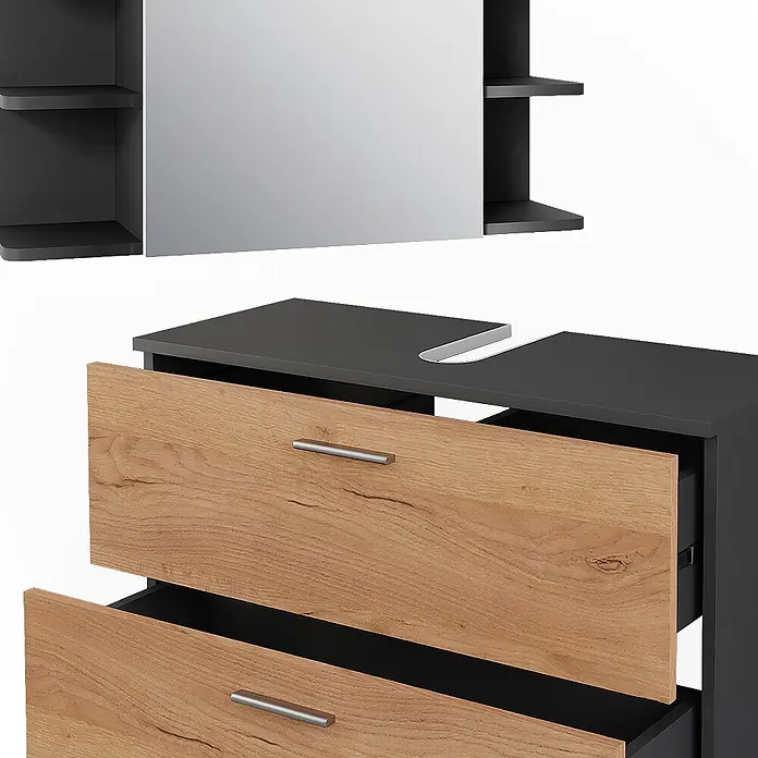 Vicco Badmöbel-Set Ilias Goldkraft Eiche/Anthrazit 4 Teile - Goldkraft Eiche, Matt - Waschtischunterschrank mit Holzoptik-Schubladen und dunkelgrauem Rahmen, passendem Spiegelschrank mit Seitenablagen.