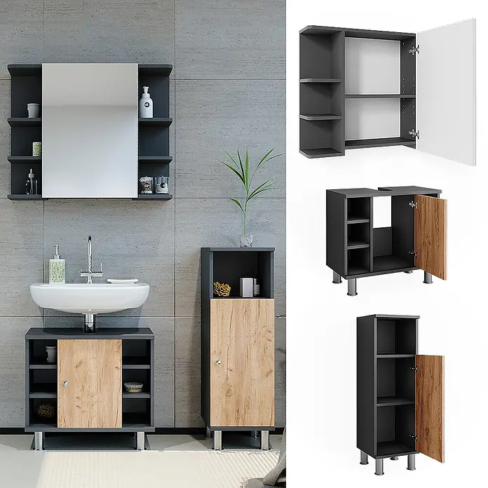 Vicco Badmöbel-Set Fynn Anthrazit/Goldkraft Eiche 3 Teile mit Midischrank - Anthrazit, Matt - Modernes dunkelgraues Badmöbel-Set mit hellen Holzfronten, bestehend aus Spiegelschrank, Waschtischunterschrank und Hochschrank.