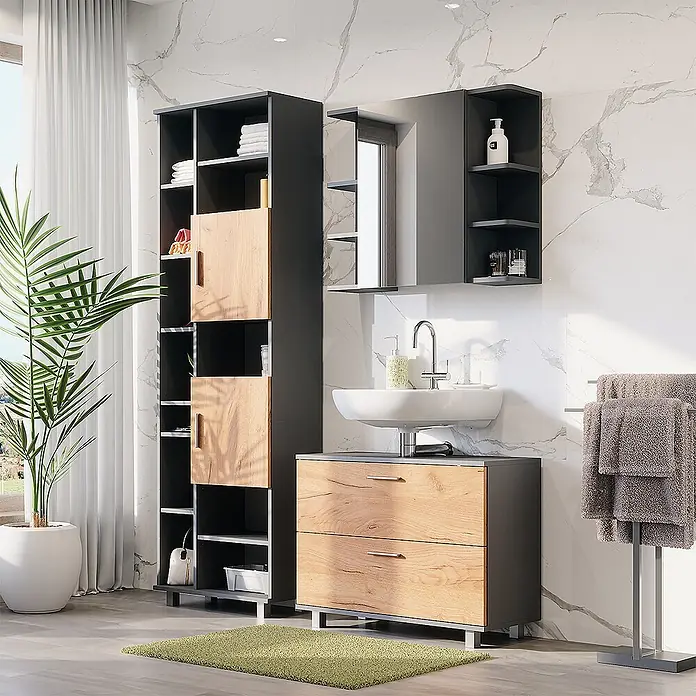 Vicco Badmöbel-Set Ilias Goldkraft Eiche/Anthrazit 3 Teile, mit Hochschrank - Goldkraft Eiche, Matt - Modernes Badezimmermöbel-Set mit dunkelgrauen Rahmen und hellen Holzfronten, bestehend aus Hochschrank, Waschbeckenunterschrank und Spiegelschrank.