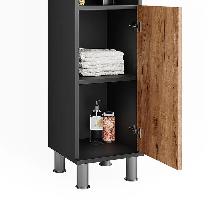 Vicco Badmöbel-Set Fynn Anthrazit/Goldkraft Eiche 3 Teile mit Midischrank - Anthrazit, Matt - Hoher dunkelgrauer Schrank mit offener Holztür, zeigt weiße Handtücher und Badprodukte auf Regalböden, mit silbernen Beinen.