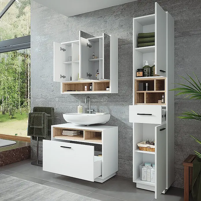 Vicco Badmöbel-Set Beatrice Weiß/Sonoma 3 Teile mit Hochschrank - Weiß, Matt - Modernes weißes Badezimmermöbelset mit Waschbecken, Wandschrank und hohem Stauraum, Türen und Schubladen offen.