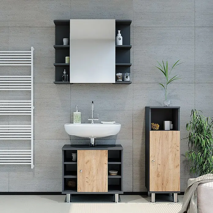 Vicco Badmöbel-Set Fynn Anthrazit/Goldkraft Eiche 3 Teile mit Midischrank - Anthrazit, Matt - Modernes Badmöbel-Set in Dunkelgrau und heller Holzoptik mit Waschtisch, Spiegelschrank und Hochschrank.