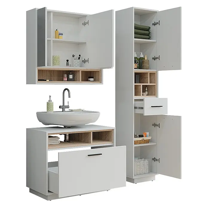 Vicco Badmöbel-Set Beatrice Weiß/Sonoma 3 Teile mit Hochschrank - Weiß, Matt - Weißes Badmöbel-Set aus Holzoptik mit Waschbecken, Wandschrank und hohem Stauraumschrank.
