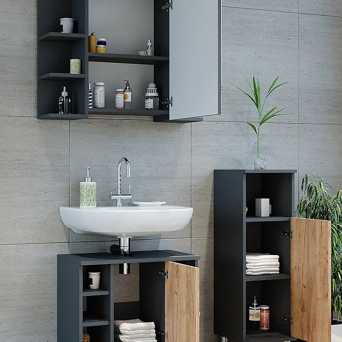 Vicco Badmöbel-Set Fynn Anthrazit/Goldkraft Eiche 3 Teile mit Midischrank - Anthrazit, Matt - Modernes Badmöbel-Set in Dunkelgrau mit hellen Holzakzenten: Spiegelschrank, Waschtischunterschrank und Hochschrank.