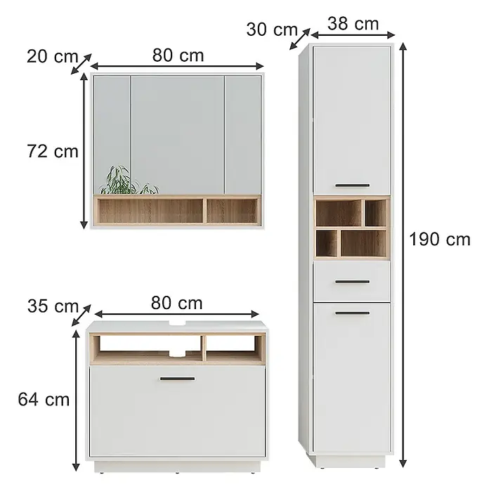 Vicco Badmöbel-Set Beatrice Weiß/Sonoma 3 Teile mit Hochschrank - Weiß, Matt - Weißes Badmöbel-Set mit Spiegelschrank, Waschtischunterschrank und hohem Schrank, ergänzt durch helle Holzdetails.