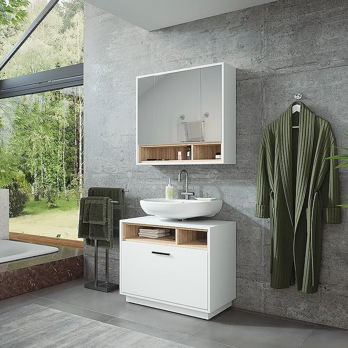 Vicco Badmöbel-Set Beatrice Weiß/Sonoma 2 Teile - Weiß, Matt - Weißer Badunterschrank mit Holzdetails und Aufsatzwaschbecken, dazu passender Spiegelschrank im modernen Bad.