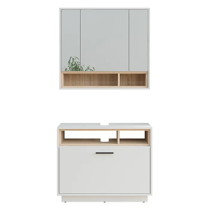 Vicco Badmöbel-Set Beatrice Weiß/Sonoma 2 Teile - Weiß, Matt - Weißer und heller Holz-Wandschrank mit offenen Fächern und passender TV-Bank mit offenen Ablagen und einer Schublade.