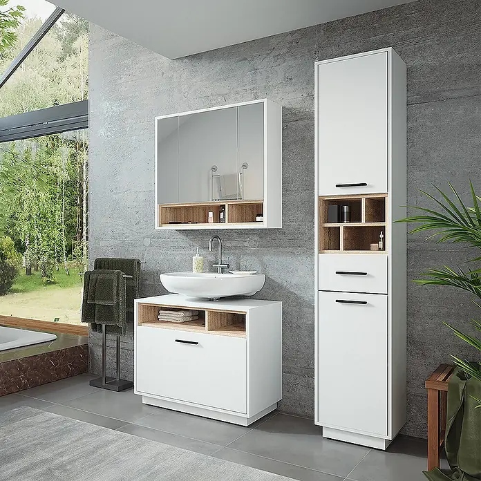 Vicco Badmöbel-Set Beatrice Weiß/Sonoma 3 Teile mit Hochschrank - Weiß, Matt - Modernes weißes Badmöbel-Set mit hellen Holzdetails: Waschtisch, Spiegelschrank und hoher Schrank.