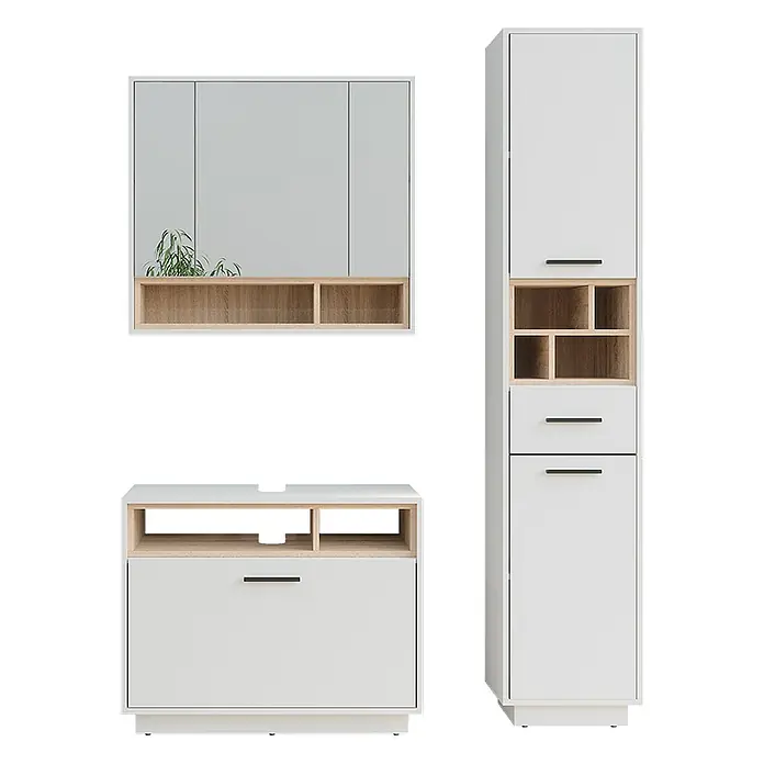 Vicco Badmöbel-Set Beatrice Weiß/Sonoma 3 Teile mit Hochschrank - Weiß, Matt - Modernes Badmöbelset aus Weiß und hellem Holz: Spiegelschrank, Waschtischunterschrank und Hochschrank.