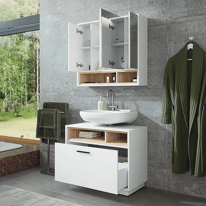 Vicco Badmöbel-Set Beatrice Weiß/Sonoma 2 Teile - Weiß, Matt - Moderne weiße und holzfarbene Badmöbelkombination mit Waschbecken und passendem Spiegelschrank.