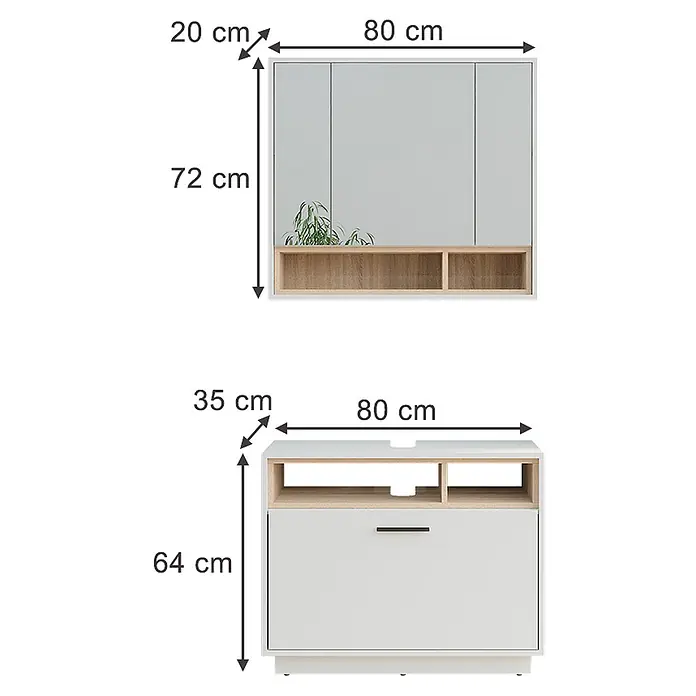 Vicco Badmöbel-Set Beatrice Weiß/Sonoma 2 Teile - Weiß, Matt - Modulares Wohnzimmermöbel-Set aus Weiß und hellem Holz mit Hängeschrank und Medienschrank zur Aufbewahrung.