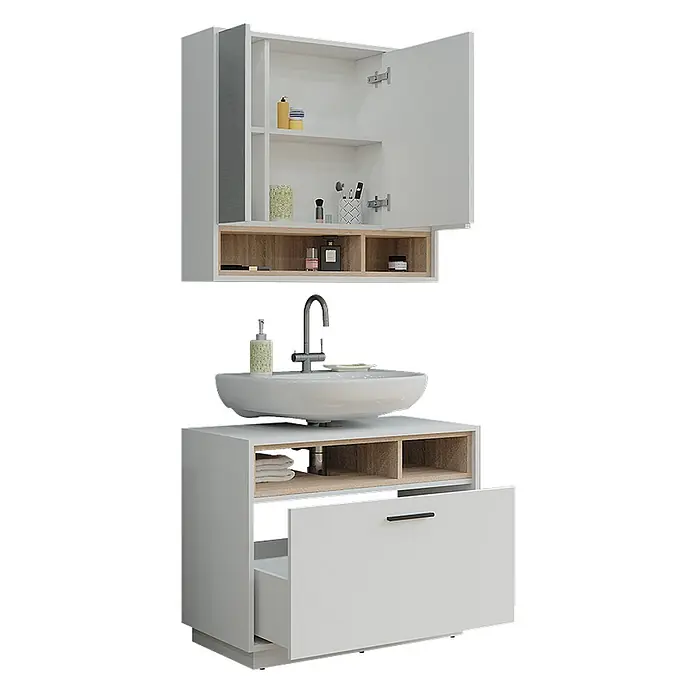 Vicco Badmöbel-Set Beatrice Weiß/Sonoma 2 Teile - Weiß, Matt - Weißes und holzfarbenes Badezimmer-Waschtisch-Set mit Aufsatzwaschbecken, offenen Regalen und wandmontiertem Spiegelschrank.
