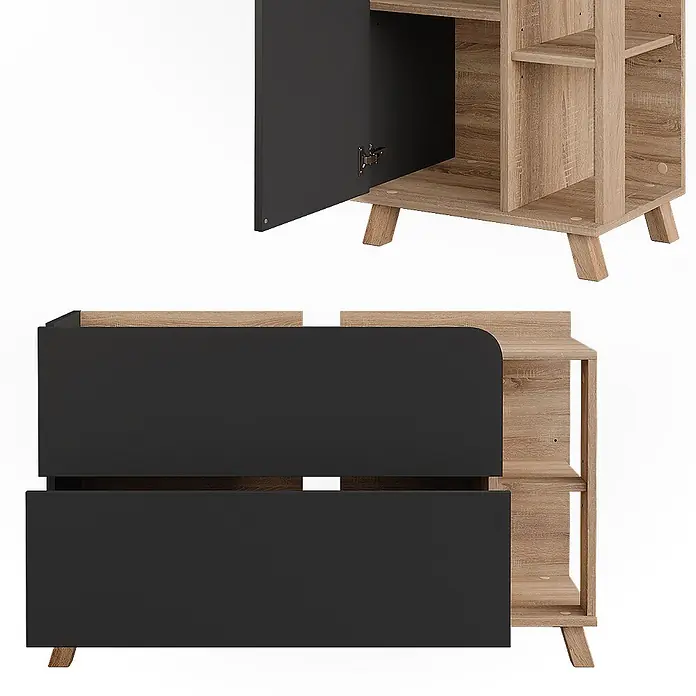 Vicco Badmöbel-Set Karen Sonoma/Anthrazit 3 Teile - Sonoma, Matt - Schrank in Hellholz und Dunkelgrau mit offener Tür, dahinter Regale, und zwei geschlossene Schubladenfronten.