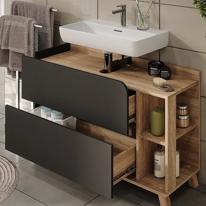Vicco Badmöbel-Set Karen Sonoma/Anthrazit 3 Teile - Sonoma, Matt - Holzbadezimmermöbel mit weißem Waschbecken, dunkelgrauen Schubladen und offenen Ablagen.
