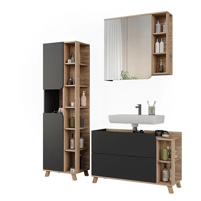 Vicco Badmöbel-Set Karen Sonoma/Anthrazit 3 Teile - Sonoma, Matt - Modernes Badmöbelset in Holzoptik und Dunkelgrau mit Hochschrank, Spiegelschrank und Waschtisch.