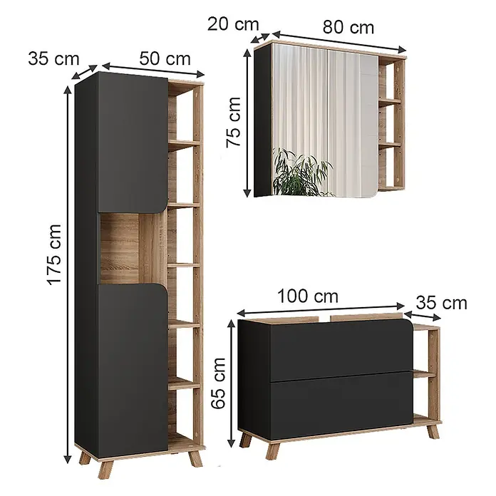 Vicco Badmöbel-Set Karen Sonoma/Anthrazit 3 Teile - Sonoma, Matt - Modulares Möbelset aus schwarzem und hellem Holz mit hohem Schrank, Spiegelschrank und Kommode, alle mit offenen Regalen.