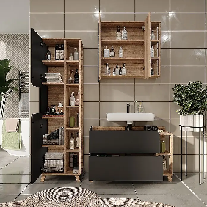 Vicco Badmöbel-Set Karen Sonoma/Anthrazit 3 Teile - Sonoma, Matt - Modernes Badezimmermöbelset in Dunkelgrau und Holzoptik: Hochschrank, Wandschrank und Waschtisch mit Waschbecken.