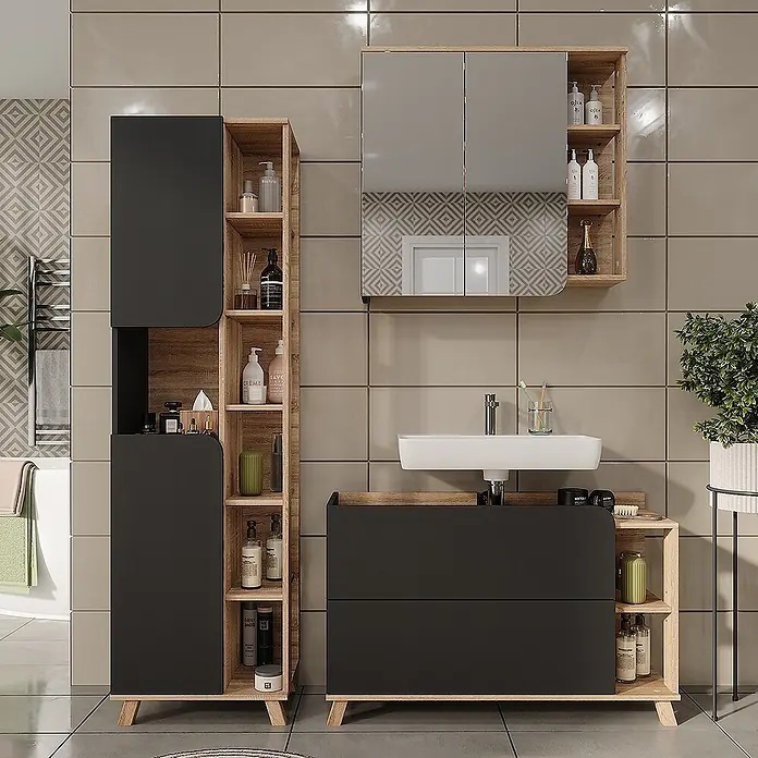 Vicco Badmöbel-Set Karen Sonoma/Anthrazit 3 Teile - Sonoma, Matt - Modernes Badmöbel-Set mit anthrazitfarbenen Fronten und heller Holzstruktur, inklusive Hochschrank, Spiegelschrank und Waschtisch.