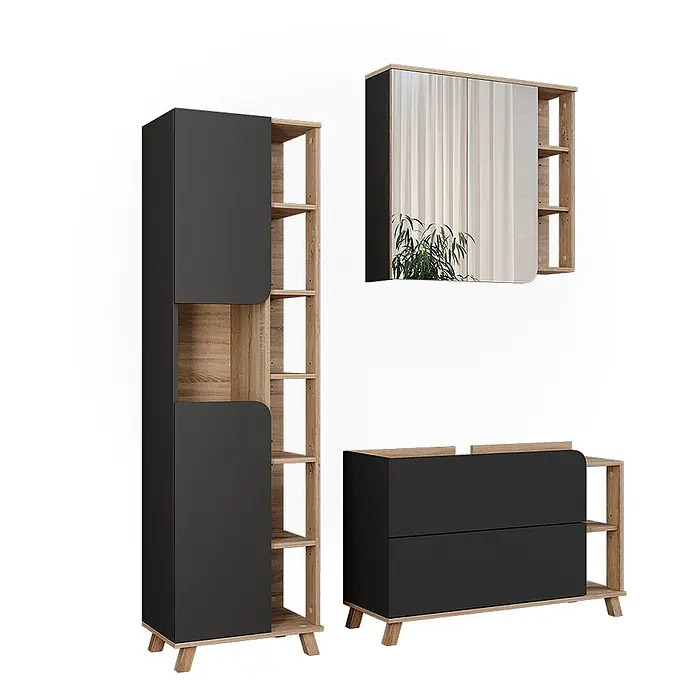 Vicco Badmöbel-Set Karen Sonoma/Anthrazit 3 Teile - Sonoma, Matt - Modernes Möbelset in Schwarz und Eiche: Hochschrank, Spiegelschrank und Kommode mit offenen Regalen und Holzbeinen.