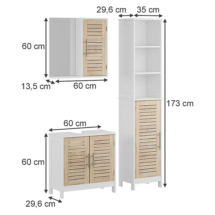 Vicco Badmöbel-Set Looma Weiß/Eiche 3 Teile - Gesamtbreite Badmöbel: 70 cm, Weiß, Matt - Drei Badschränke aus weißem und hellem Holz: ein Spiegelschrank, ein Waschtischunterschrank und ein Hochschrank mit Regalen.