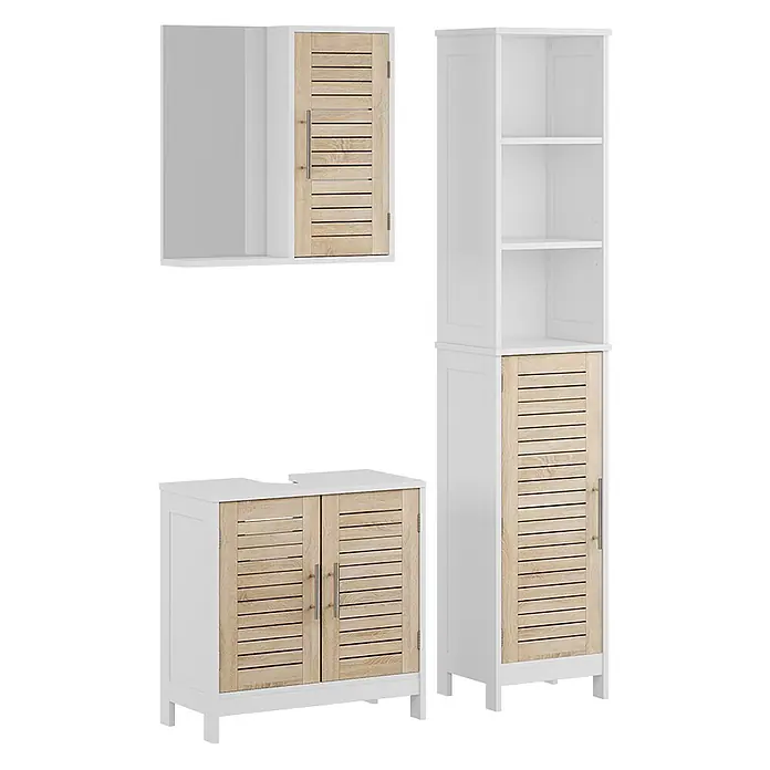 Vicco Badmöbel-Set Looma Weiß/Eiche 3 Teile - Gesamtbreite Badmöbel: 70 cm, Weiß, Matt - Weißes Badmöbelset mit Lamellentüren aus Naturholz, bestehend aus Spiegelschrank, Waschtischunterschrank und Hochschrank.
