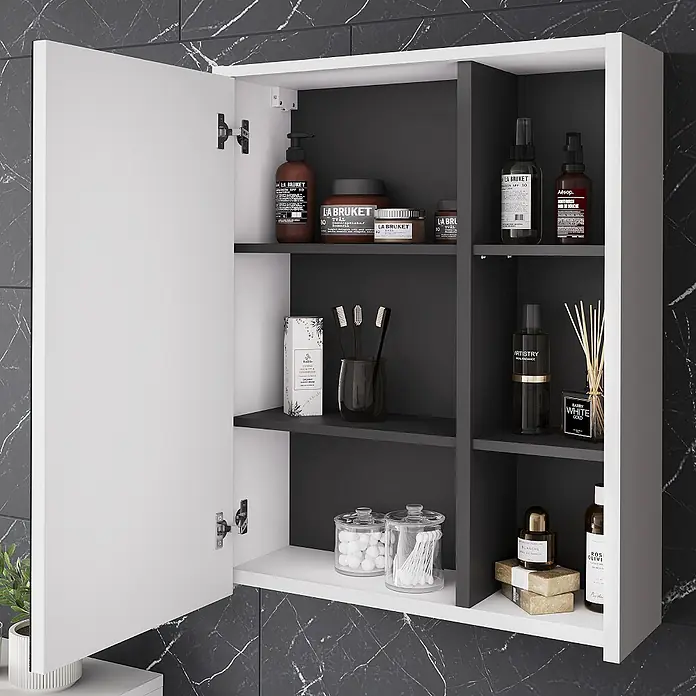 Vicco Badmöbel-Set Viola Weiß/Grau 3 Teile - Weiß, Matt - Weißer und dunkelgrauer wandmontierter Badezimmerschrank mit offener Tür, der Toilettenartikel auf seinen Regalen zeigt.