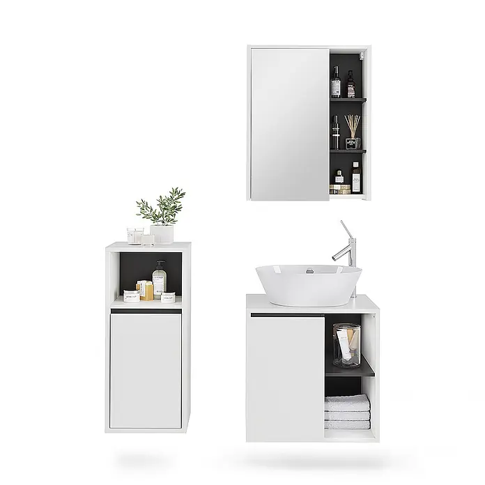 Vicco Badmöbel-Set Viola Weiß/Grau 3 Teile - Weiß, Matt - Weißes Badmöbel-Set mit schwarzen Akzenten, bestehend aus Spiegelschrank, Waschtisch mit Aufsatzbecken und Hochschrank.