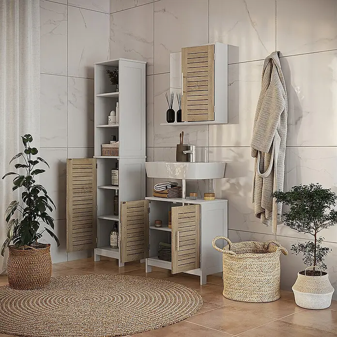 Vicco Badmöbel-Set Looma Weiß/Eiche 3 Teile - Gesamtbreite Badmöbel: 70 cm, Weiß, Matt - Weißes Badezimmerschrank-Set mit hellen Lamellentüren aus Holz, bestehend aus einem Hochschrank, einem Waschtischunterschrank und einem Wandschrank.