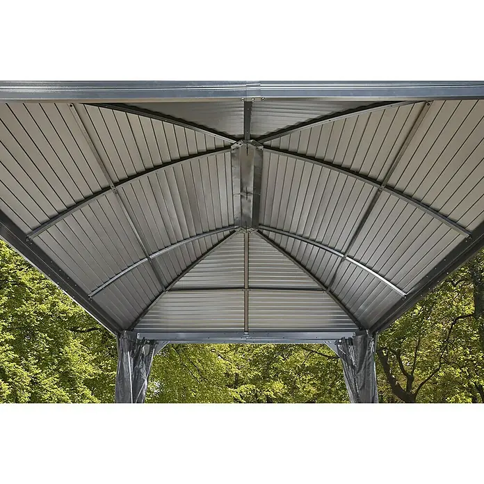 Sojag Standard-Pavillon Moreno 10 x 14 - B x T: 423 x 298 cm, Farbe Gestell: Anthrazit, Aluminium - Nahaufnahme des Dachhimmels eines Pavillons mit Metalldach und Rahmen.