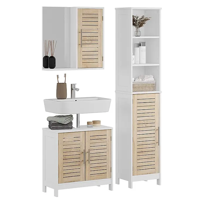 Vicco Badmöbel-Set Looma Weiß/Eiche 3 Teile - Gesamtbreite Badmöbel: 70 cm, Weiß, Matt - Weißes Badmöbelset mit hellen Holzlamellentüren, bestehend aus Waschtischunterschrank, Spiegelschrank und hohem Schrank.
