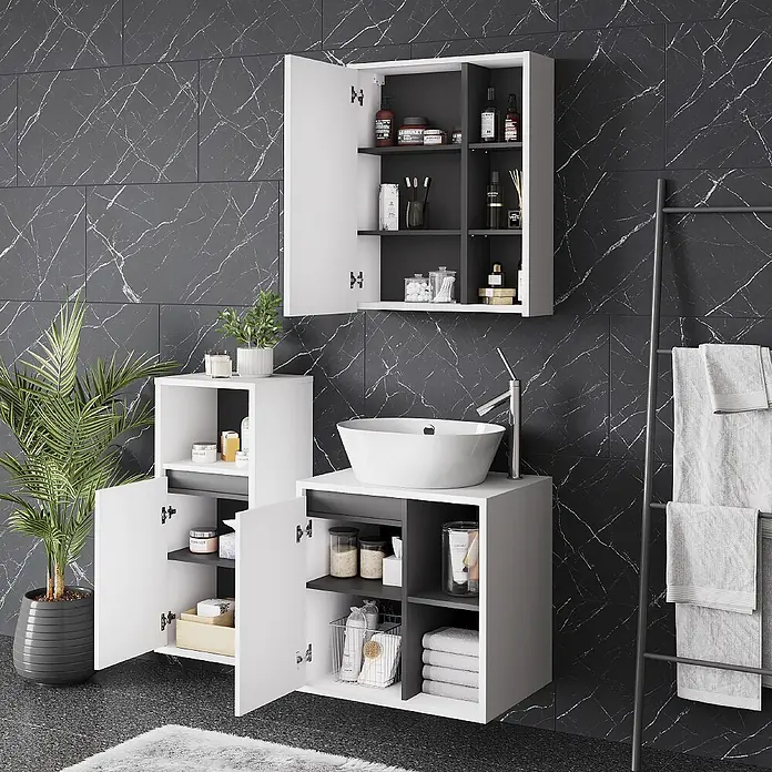 Vicco Badmöbel-Set Viola Weiß/Grau 3 Teile - Weiß, Matt - Weißes und dunkelgraues Badmöbel-Set mit Wandschrank, Hochschrank und Waschtischunterschrank.
