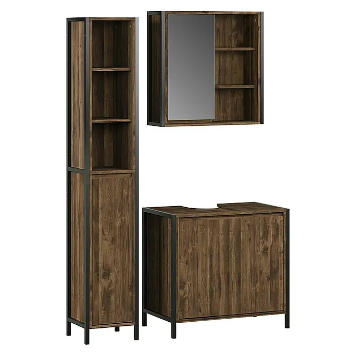 Vicco Badmöbel-Set Naola Eiche/Schwarz 3 Teile - Eiche, Matt - Dunkelbraunes Badmöbelset aus Holzmaserung mit schwarzen Metallrahmen, bestehend aus Hochschrank, Spiegelschrank und Waschtischunterschrank.