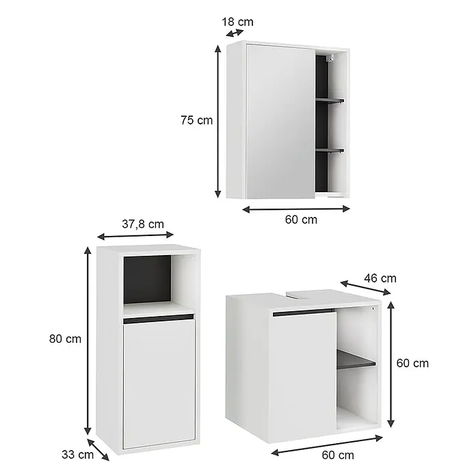 Vicco Badmöbel-Set Viola Weiß/Grau 3 Teile - Weiß, Matt - Weißes Badmöbelset: Wandschrank mit Spiegel, Hochschrank und Waschtischunterschrank. Maße sind angegeben.