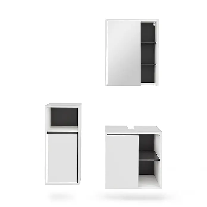 Vicco Badmöbel-Set Viola Weiß/Grau 3 Teile - Weiß, Matt - Modulares Badmöbel-Set in Weiß und Dunkelgrau, bestehend aus Spiegelschrank, Hochschrank und Waschtischunterschrank.