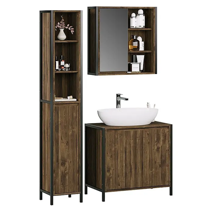 Vicco Badmöbel-Set Naola Eiche/Schwarz 3 Teile - Eiche, Matt - Industrielles Badmöbel-Set: Hochschrank, Waschtisch mit Waschbecken, Spiegelschrank in Dunkelbraunholzoptik mit schwarzen Metallrahmen.