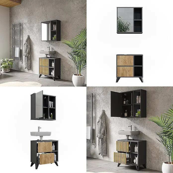 Vicco Badmöbel-Set Leano Anthrazit/Bergeiche 2 Teile - Anthrazit, Matt - Moderne dunkelgraue Badmöbel mit Holzlamellenfronten und passendem Spiegelschrank.