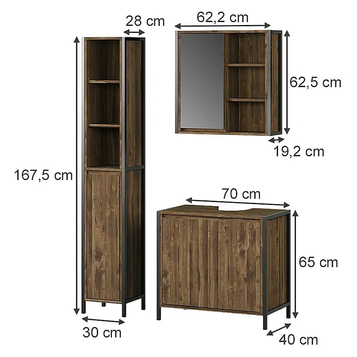 Vicco Badmöbel-Set Naola Eiche/Schwarz 3 Teile - Eiche, Matt - Set aus dunklen Holzoptik Badmöbeln: Hochschrank, Spiegelschrank und Waschtischunterschrank, mit dunklen Metallakzenten.