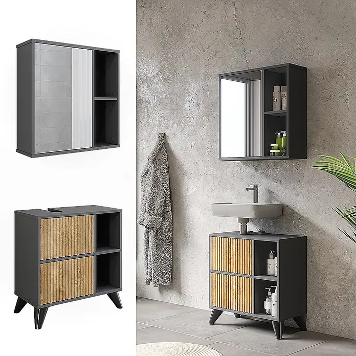 Vicco Badmöbel-Set Leano Anthrazit/Bergeiche 2 Teile - Anthrazit, Matt - Dunkelgraues Badezimmerschrank-Set mit Spiegelschrank und Waschtischunterschrank mit Holzfronten, für ein Waschbecken.